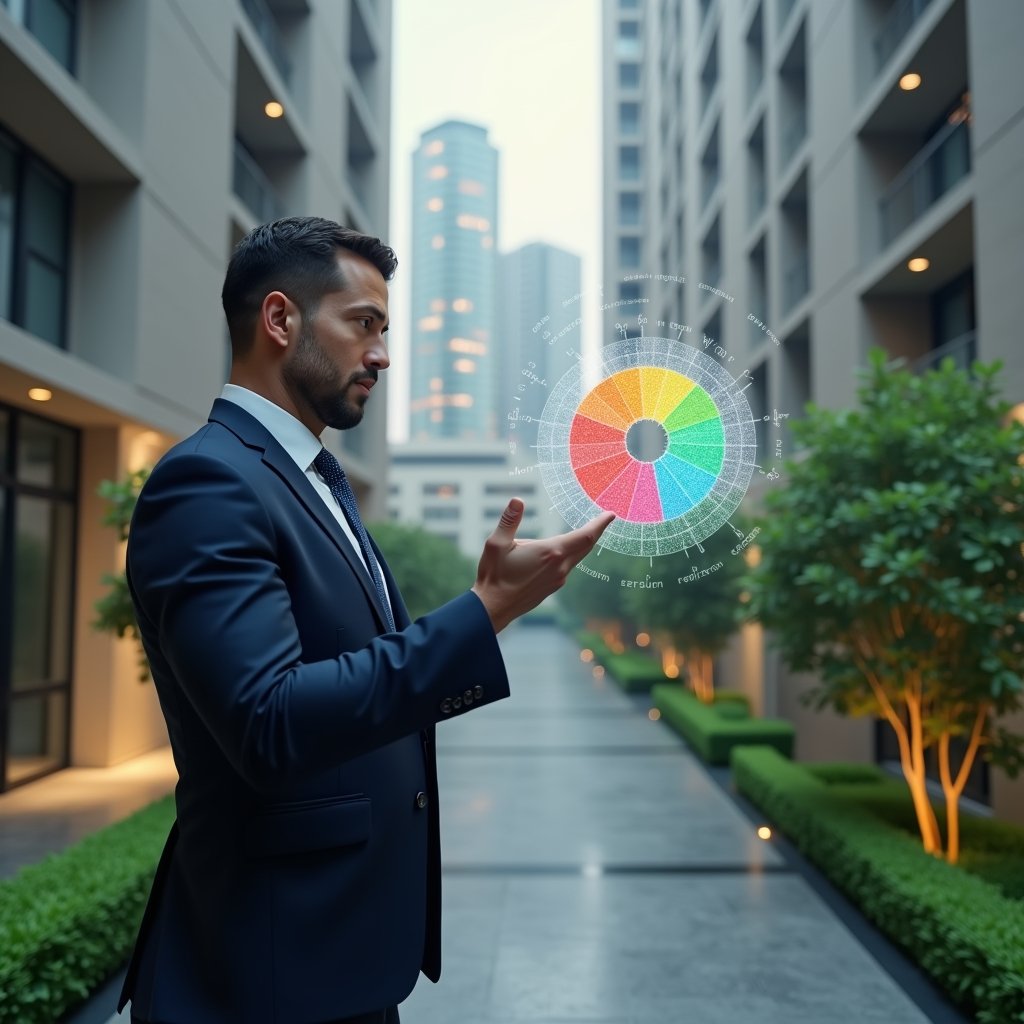 (Ultra-realistic condominium manager in a tailored navy suit, set in a modern luxury condominium environment with high-rise buildings and manicured green landscaping, examining a floating holographic pie chart that represents unit fractions and expense shares, thoughtful expression, cinematic lighting, shallow depth of field, highly detailed textures, realistic skin, photographic realism, 8k resolution --ar 1:1 --v 6)