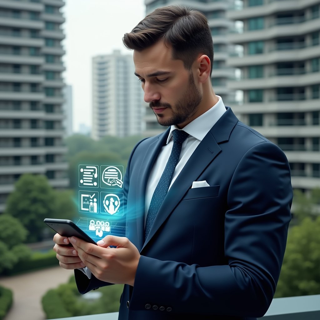 (Ultra-realistic condominium manager in a tailored navy suit, set in a modern luxury condominium environment with high-rise buildings and meticulously landscaped gardens, holding a smartphone projecting a holographic condo management app interface, confidently tapping on floating icons representing financial reports, maintenance scheduling, and resident messages, cinematic lighting, shallow depth of field, highly detailed textures, realistic skin, photographic realism, 8k resolution --ar 1:1 --v 6)