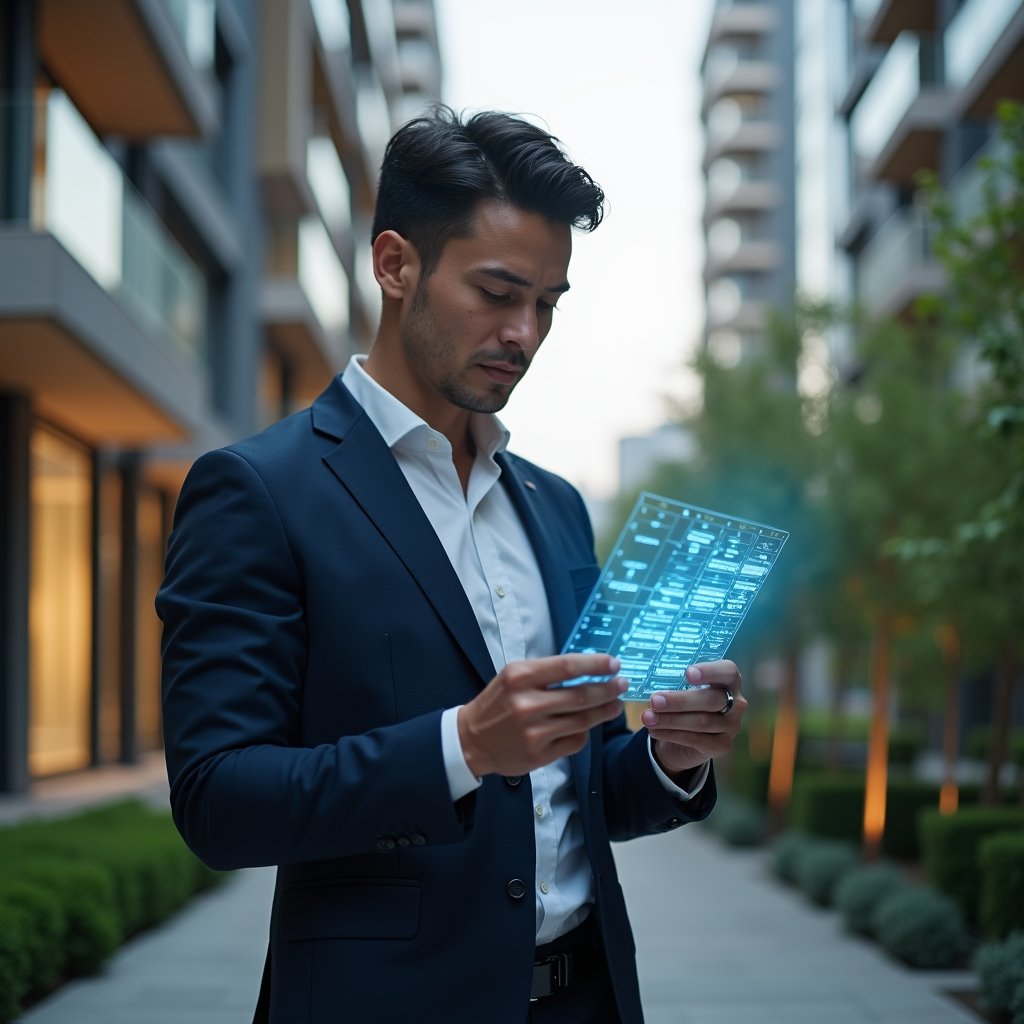 Ultra-realistic condominium manager in a tailored navy suit, set in a modern luxury condominium environment with high-rise buildings and manicured green landscaping, holding and reviewing a glowing holographic activity schedule, confident and focused expression, semi-transparent calendar timeline hologram floating beside them, cinematic lighting, shallow depth of field, highly detailed textures, realistic skin, photographic realism, 8k resolution --ar 1:1 --v 6