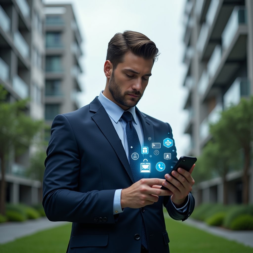 (Ultra-realistic condominium manager in a tailored dark blue suit, set in a modern luxury condominium environment with high-rise buildings and meticulously landscaped greens, standing in a mid-shot while confidently reviewing a smartphone display with floating holographic icons of chat bubbles, calendar reservations, and payment symbols, cinematic lighting, shallow depth of field, highly detailed textures, realistic skin, photographic realism, 8k resolution --ar 1:1 --v 6)