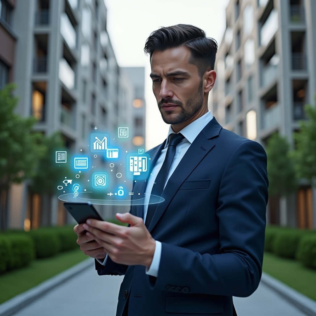 (Ultra-realistic condominium manager in a navy blue business suit, set in a modern luxury condominium environment with high-rise buildings and manicured green landscaping, holding a smartphone displaying a digital app interface and interacting with floating holographic icons of chat bubbles, documents and financial charts, confident and engaged expression, cinematic lighting, shallow depth of field, highly detailed textures, realistic skin, photographic realism, 8k resolution --ar 1:1 --v 6)