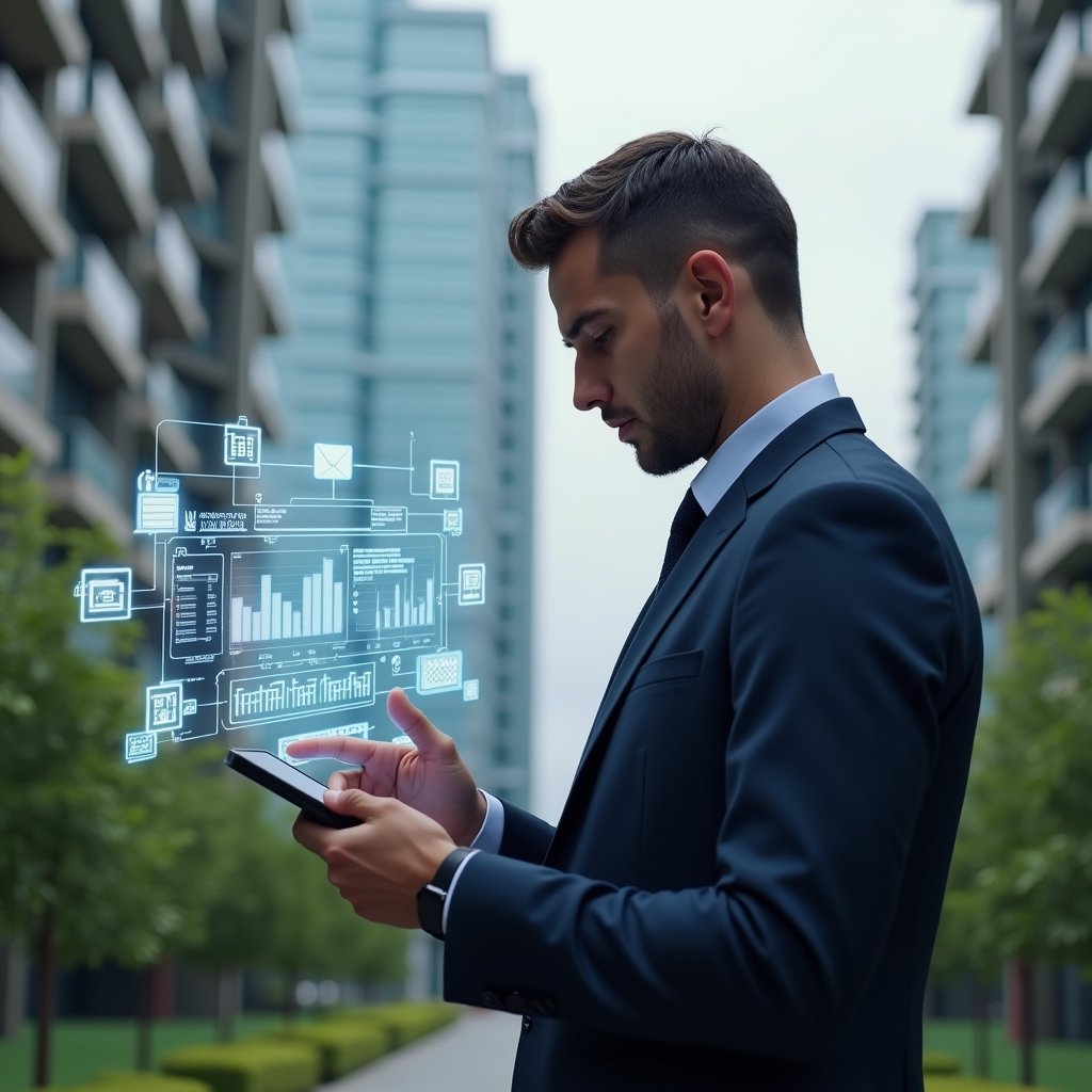 Ultra-realistic property manager in a navy business suit, set in a modern luxury condominium environment with high-rise buildings and manicured green landscaping, confidently reviewing a holographic financial dashboard projected from a tablet, floating budget charts and contract icons surrounding them, cinematic lighting, shallow depth of field, highly detailed textures, realistic skin, photographic realism, 8k resolution --ar 1:1 --v 6