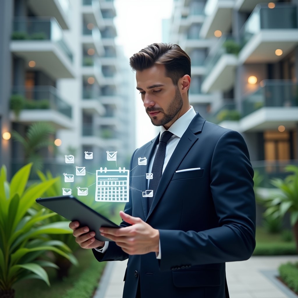 Ultra-realistic condominium manager in a navy suit, set in a modern luxury condominium environment with high-rise buildings and lush green landscaping, confident professional holding a digital tablet displaying a holographic maintenance schedule, floating calendar and checklist icons around them, cinematic lighting, shallow depth of field, highly detailed textures, realistic skin, photographic realism, 8k resolution --ar 1:1 --v 6