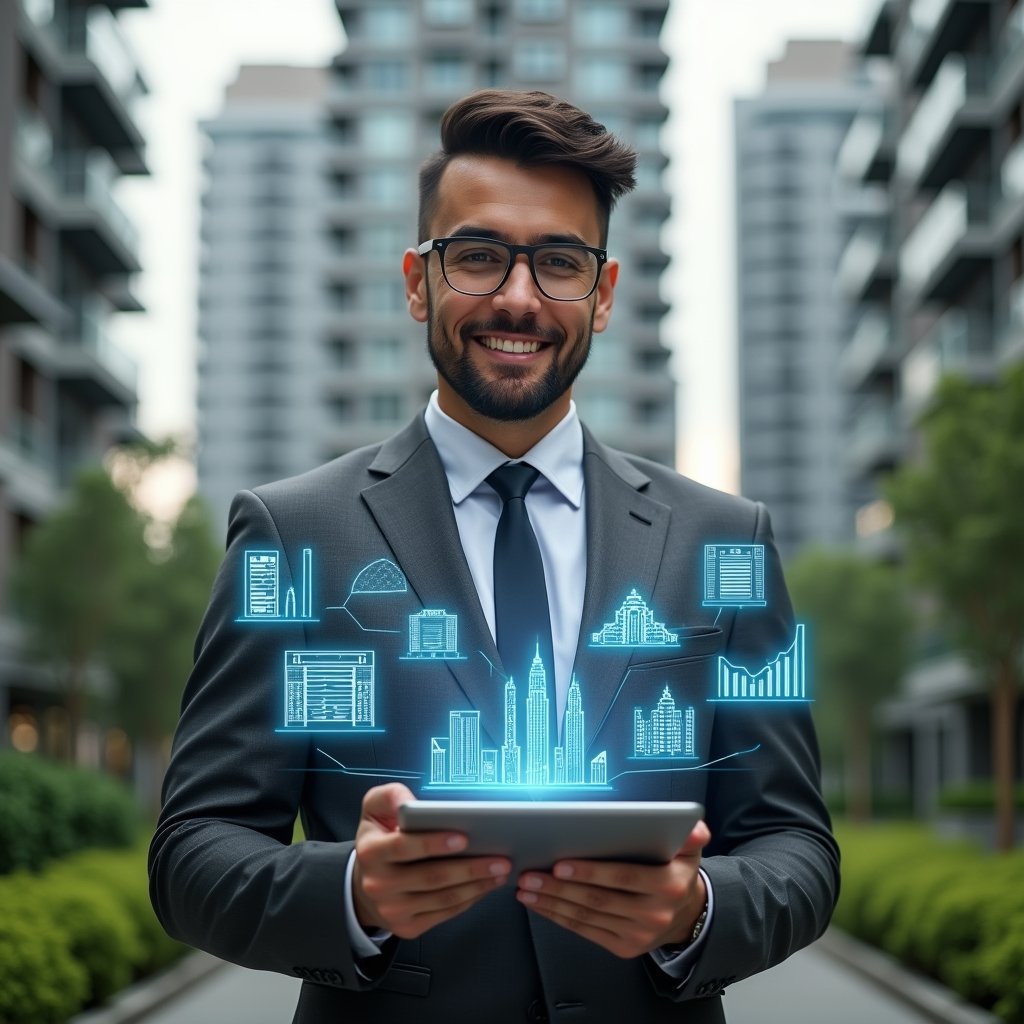 Ultra-realistic condominium property manager in a charcoal gray suit, set in a modern luxury condominium environment with high-rise buildings and lush green landscaping, holding a digital tablet displaying holographic dashboards and charts representing condominium management, confident and engaged expression, subtle floating holographic icons of buildings and financial graphs, cinematic lighting, shallow depth of field, highly detailed textures, realistic skin, photographic realism, 8k resolution --ar 1:1 --v 6