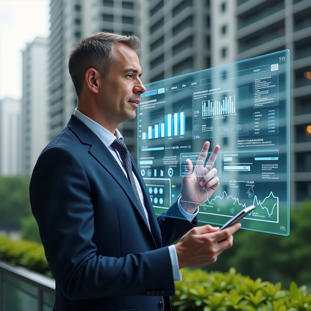 (Ultra-realistic condominium manager in a tailored navy suit, set in a modern luxury condominium environment with high-rise buildings and lush green landscaping, medium shot of a confident professional examining a transparent holographic dashboard displaying process automation graphs and cost-reduction analytics, floating icons of mobile apps and digital checklists symbolizing innovative management practices, cinematic lighting, shallow depth of field, highly detailed textures, realistic skin, photographic realism, 8k resolution --ar 1:1 --v 6)