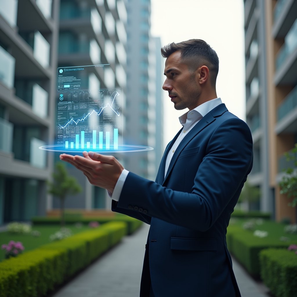 (Ultra-realistic condominium manager in a navy business suit, set in a modern luxury condominium environment with high-rise buildings and manicured green landscaping, reviewing a holographic financial report with floating charts and graphs, confident and focused expression, cinematic lighting, shallow depth of field, highly detailed textures, realistic skin, photographic realism, 8k resolution --ar 1:1 --v 6)
