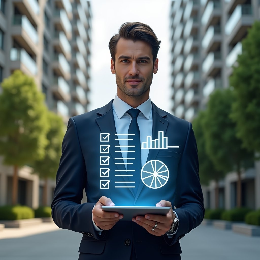 (Ultra-realistic condominium manager in a navy executive suit, set in a modern luxury condominium environment with high-rise buildings and manicured greenery, holding a tablet projecting a 3D holographic financial checklist and pie chart icons, looking confident and focused, cinematic lighting, shallow depth of field, highly detailed textures, realistic skin, photographic realism, 8k resolution --ar 1:1 --v 6)