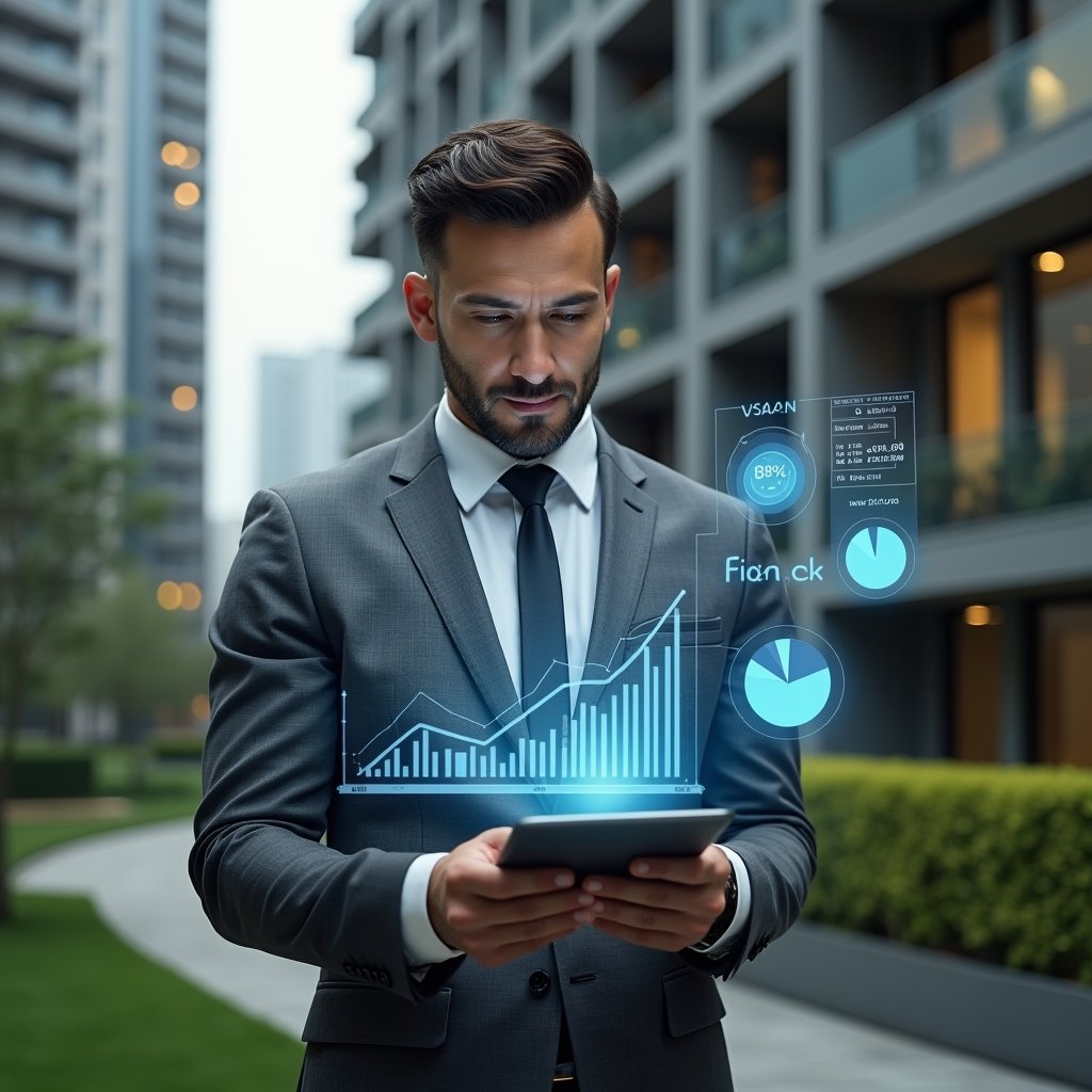(Ultra-realistic condominium manager in a charcoal grey suit, set in a modern luxury condominium environment with high-rise buildings and manicured green landscaping, analyzing a holographic financial report projected from a tablet, with floating pie charts and bar graphs symbolizing transparent accounting, expression confident and focused, cinematic lighting, shallow depth of field, highly detailed textures, realistic skin, photographic realism, 8k resolution --ar 1:1 --v 6)