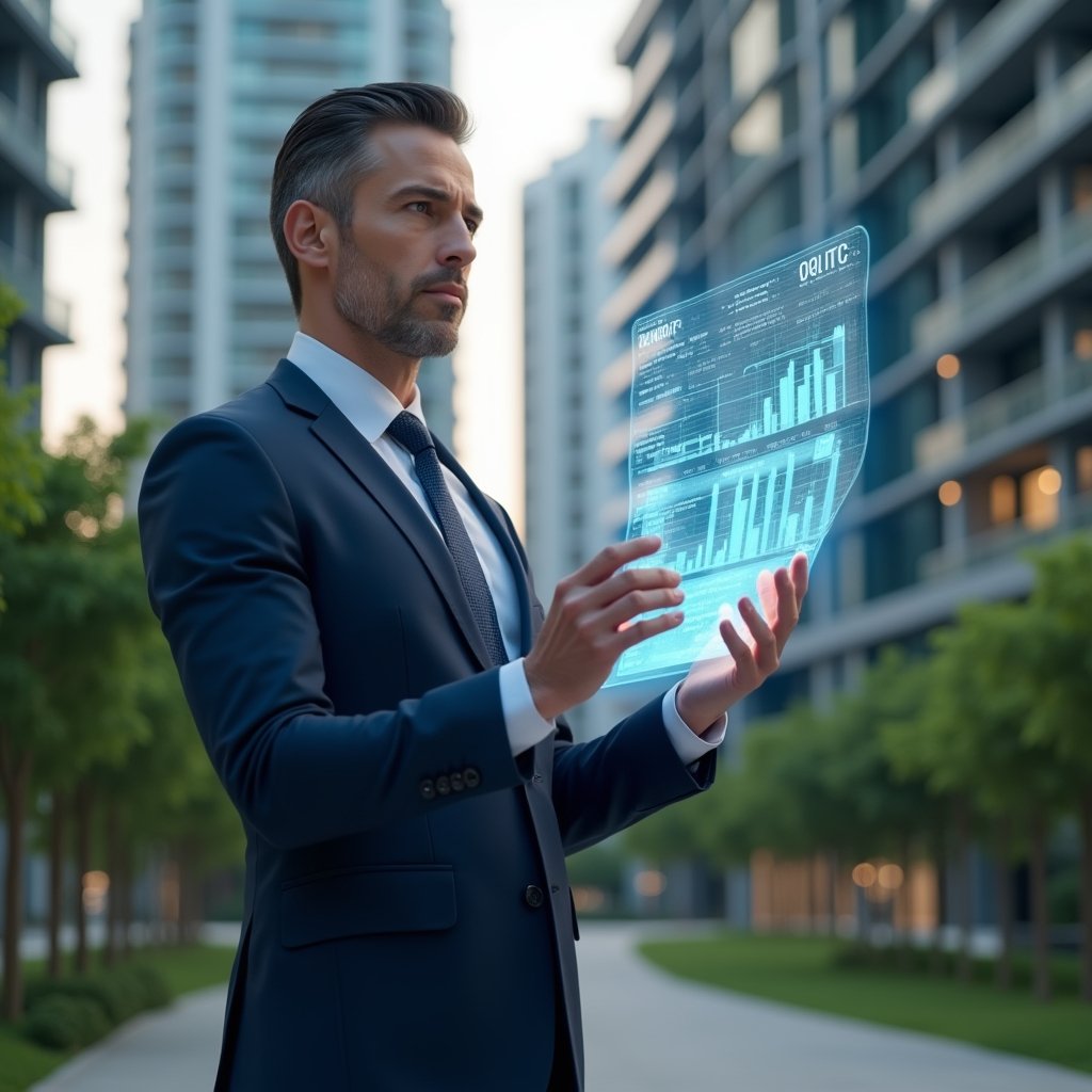 Ultra-realistic condominium manager in a navy blue tailored suit, set in a modern luxury condominium environment with high-rise buildings and lush green landscaping, reviewing a floating transparent holographic financial report with glowing charts and graphs, expression confident and focused, cinematic lighting, shallow depth of field, highly detailed textures, realistic skin, photographic realism, 8k resolution --ar 1:1 --v 6