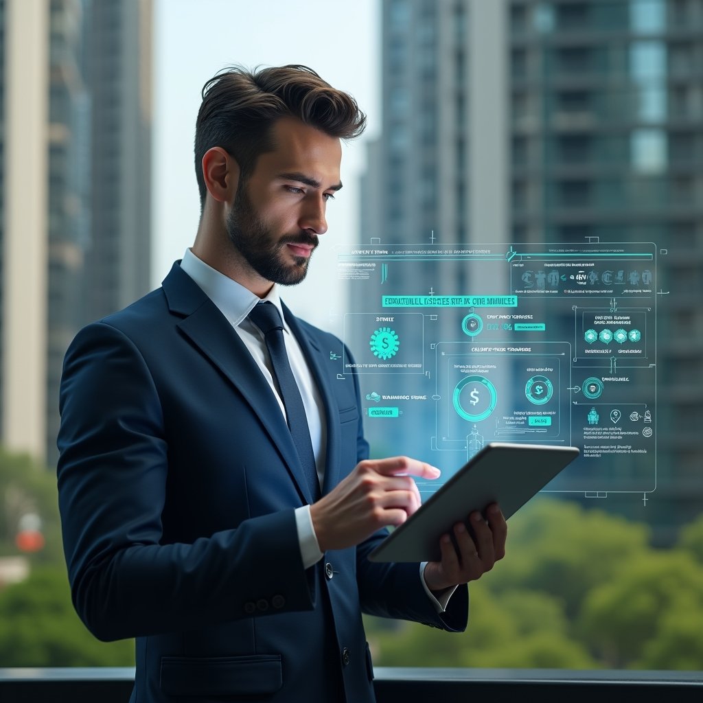 Ultra-realistic condominium manager in a navy executive suit, set in a modern luxury condominium environment with high-rise buildings and lush green landscaping, examining a transparent holographic dashboard of automated task workflows and cost-saving metrics, confident expression, gears and dollar-sign icons floating beside tablet, cinematic lighting, shallow depth of field, highly detailed textures, realistic skin, photographic realism, 8k resolution --ar 1:1 --v 6
