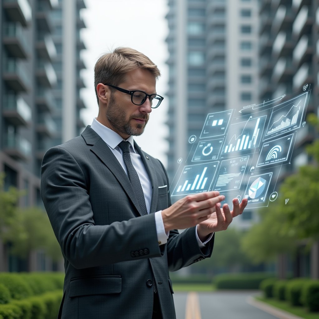 (Ultra-realistic property manager in a charcoal gray suit, set in a modern luxury condominium environment with high-rise buildings and manicured green landscaping, examining floating holographic reports and 3D graphs with a confident, focused expression, translucent data charts and analytics icons swirling around, cinematic lighting, shallow depth of field, highly detailed textures, realistic skin, photographic realism, 8k resolution --ar 1:1 --v 6)