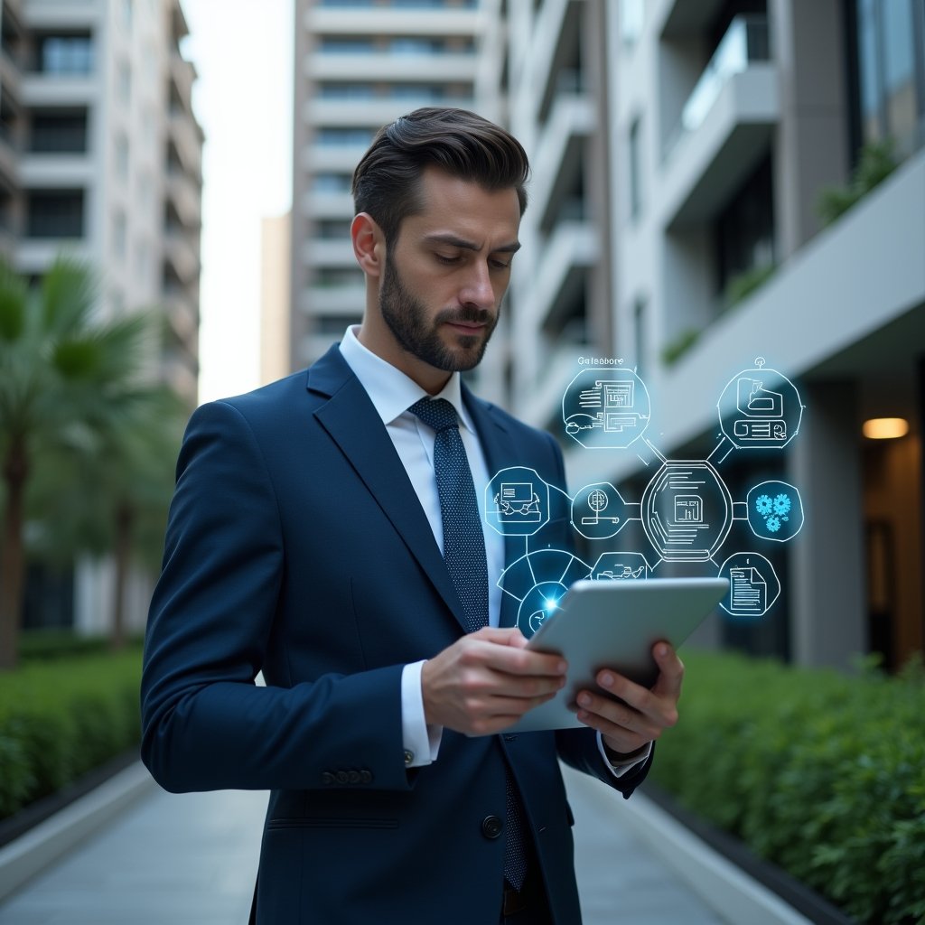(Ultra-realistic condominium manager in a navy-blue business suit, set in a modern luxury condominium environment with high-rise buildings and manicured green landscaping, mid-shot of the manager confidently reviewing digital documents on a tablet, surrounded by subtle holographic icons of files, charts, and gears representing organized workflows, cinematic lighting, shallow depth of field, highly detailed textures, realistic skin, photographic realism, 8k resolution --ar 1:1 --v 6)