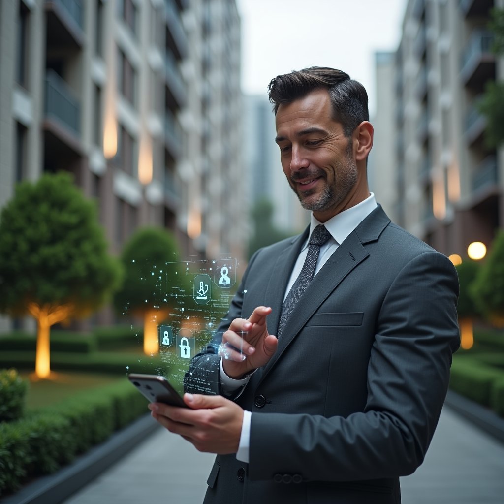 Ultra-realistic condominium manager in a charcoal gray executive suit, set in a modern luxury condominium environment with high-rise buildings and manicured green landscaping, holding a smartphone displaying a floating holographic access control interface and security icons, confidently reviewing digital visitor logs with a slight smile and focused gaze, cinematic lighting, shallow depth of field, highly detailed textures, realistic skin, photographic realism, 8k resolution --ar 1:1 --v 6