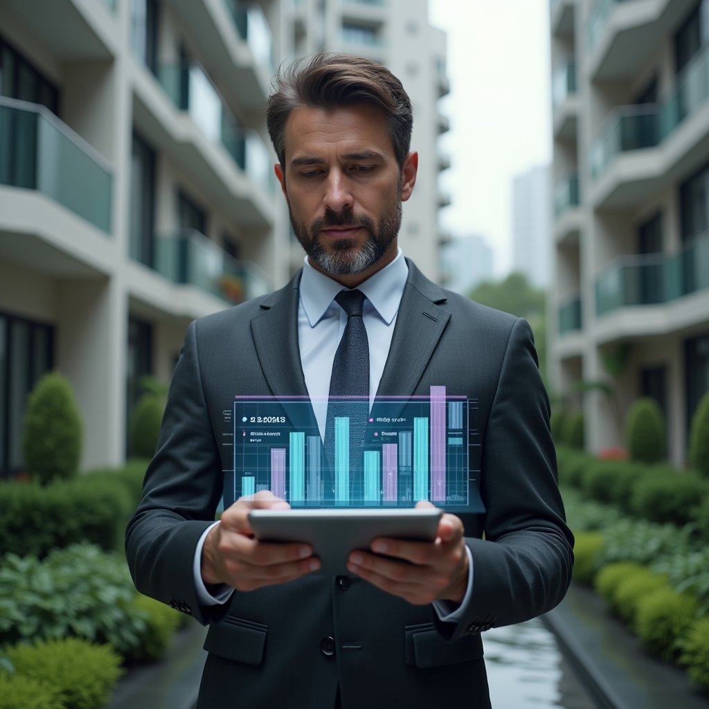 Ultra-realistic condominium manager in a dark gray tailored suit, set in a modern luxury condominium environment with high-rise buildings and green landscaping, mid shot reviewing digital documents on a tablet with a holographic financial report overlay, confident expression, cinematic lighting, shallow depth of field, highly detailed textures, realistic skin, photographic realism, 8k resolution --ar 1:1 --v 6
