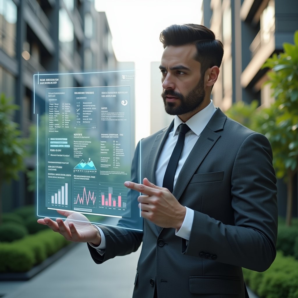 (Ultra-realistic condominium manager in a charcoal gray suit, set in a modern luxury condominium environment with high-rise buildings and lush green landscaping, analyzing a floating holographic financial dashboard and pointing at a digital checklist, confident focused expression, cinematic lighting, shallow depth of field, highly detailed textures, realistic skin, photographic realism, 8k resolution --ar 1:1 --v 6)