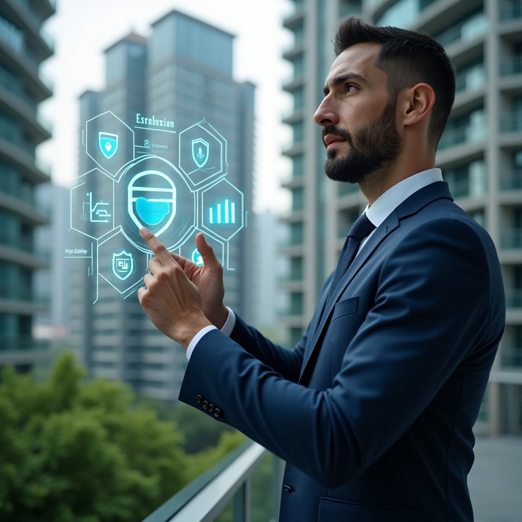 (Ultra-realistic condo manager in a dark blue executive suit, set in a modern luxury condominium environment with high-rise buildings and lush green landscaping, close-up of the professional attentively tapping a transparent holographic interface displaying app icons, charts and warning symbols, conveying focus and confidence, cinematic lighting, shallow depth of field, highly detailed textures, realistic skin, photographic realism, 8k resolution --ar 1:1 --v 6)