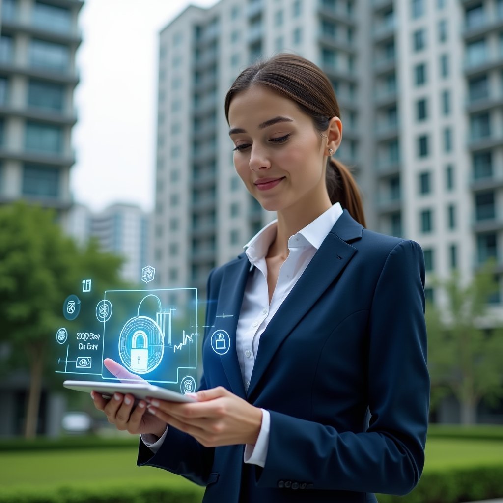 (Ultra-realistic condominium manager in a navy blue suit, set in a modern luxury condominium environment with high-rise buildings and manicured green landscaping, mid-shot of a professional woman holding a transparent tablet displaying holographic financial charts, floating balance sheet icons and a padlock symbolizing secure, transparent accounting, confident and focused expression, cinematic lighting, shallow depth of field, highly detailed textures, realistic skin, photographic realism, 8k resolution --ar 1:1 --v 6)