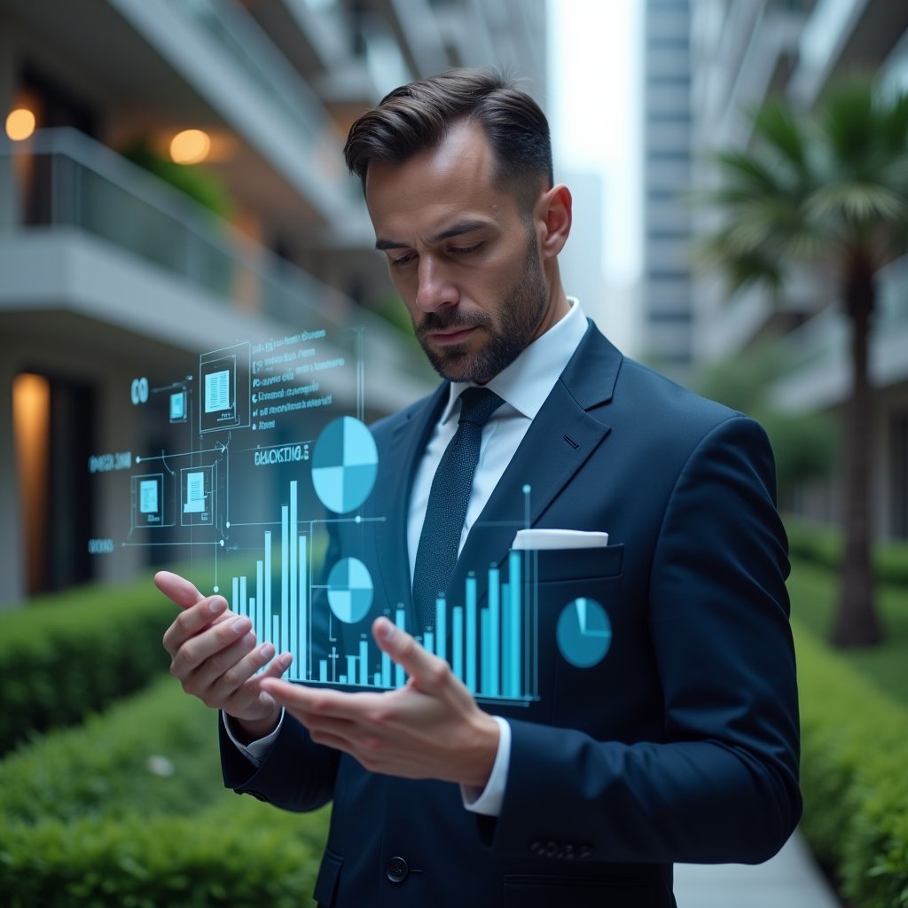 (Ultra-realistic condominium manager in a dark blue executive suit, set in a modern luxury condominium environment with high-rise buildings and manicured green landscaping, analyzing holographic financial charts projected in front of them, floating icons of receipts, pie charts and bar graphs symbolizing transparent accounting, focused and confident expression, cinematic lighting, shallow depth of field, highly detailed textures, realistic skin, photographic realism, 8k resolution --ar 1:1 --v 6)