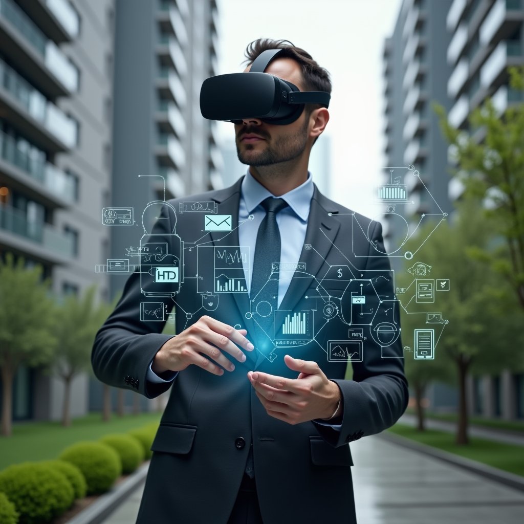 Ultra-realistic condominium manager in a dark gray executive suit, set in a modern luxury condominium environment with high-rise buildings and manicured green landscaping, confidently interacting with floating holographic icons representing reservations, financial charts, message alerts, maintenance tools, visitor access controls and digital documents, cinematic lighting, shallow depth of field, highly detailed textures, realistic skin, photographic realism, 8k resolution --ar 1:1 --v 6