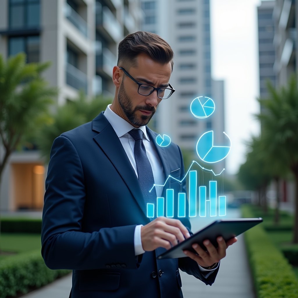 Ultra-realistic condominium manager in a dark blue executive suit, set in a modern luxury condominium environment with high-rise buildings and manicured green landscaping, analyzing holographic financial charts projected from a tablet, floating 3D bar graphs and pie charts symbolizing cash flow, budget control and reserve fund, confident and focused expression, cinematic lighting, shallow depth of field, highly detailed textures, realistic skin, photographic realism, 8k resolution --ar 1:1 --v 6