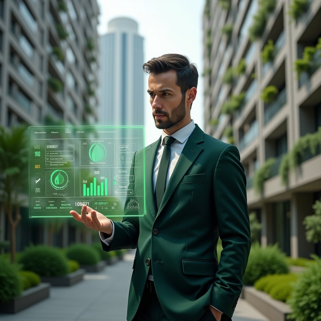 (Ultra-realistic condominium manager in a dark green tailored suit, set in a modern luxury condominium environment with high-rise buildings and manicured gardens, examining a floating holographic dashboard of energy and water consumption metrics with green leaf icons, cinematic lighting, shallow depth of field, highly detailed textures, realistic skin, photographic realism, 8k resolution --ar 1:1 --v 6)