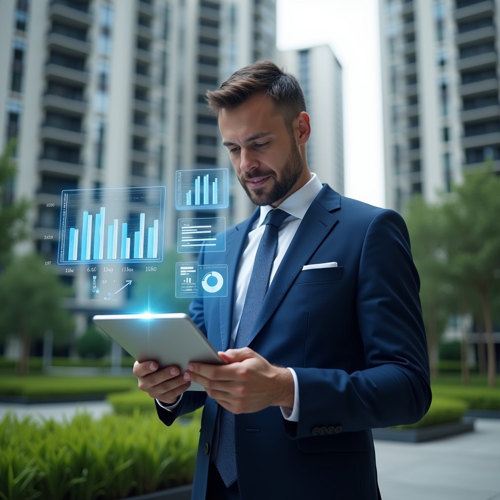 Ultra-realistic condominium manager in a navy blue tailored suit, set in a modern luxury condominium environment with high-rise buildings and meticulously landscaped greenery, holding a tablet and confidently reviewing holographic financial charts floating above the device, with translucent ledger icons and bar graphs symbolizing transparent accounting, cinematic lighting, shallow depth of field, highly detailed textures, realistic skin, photographic realism, 8k resolution --ar 1:1 --v 6