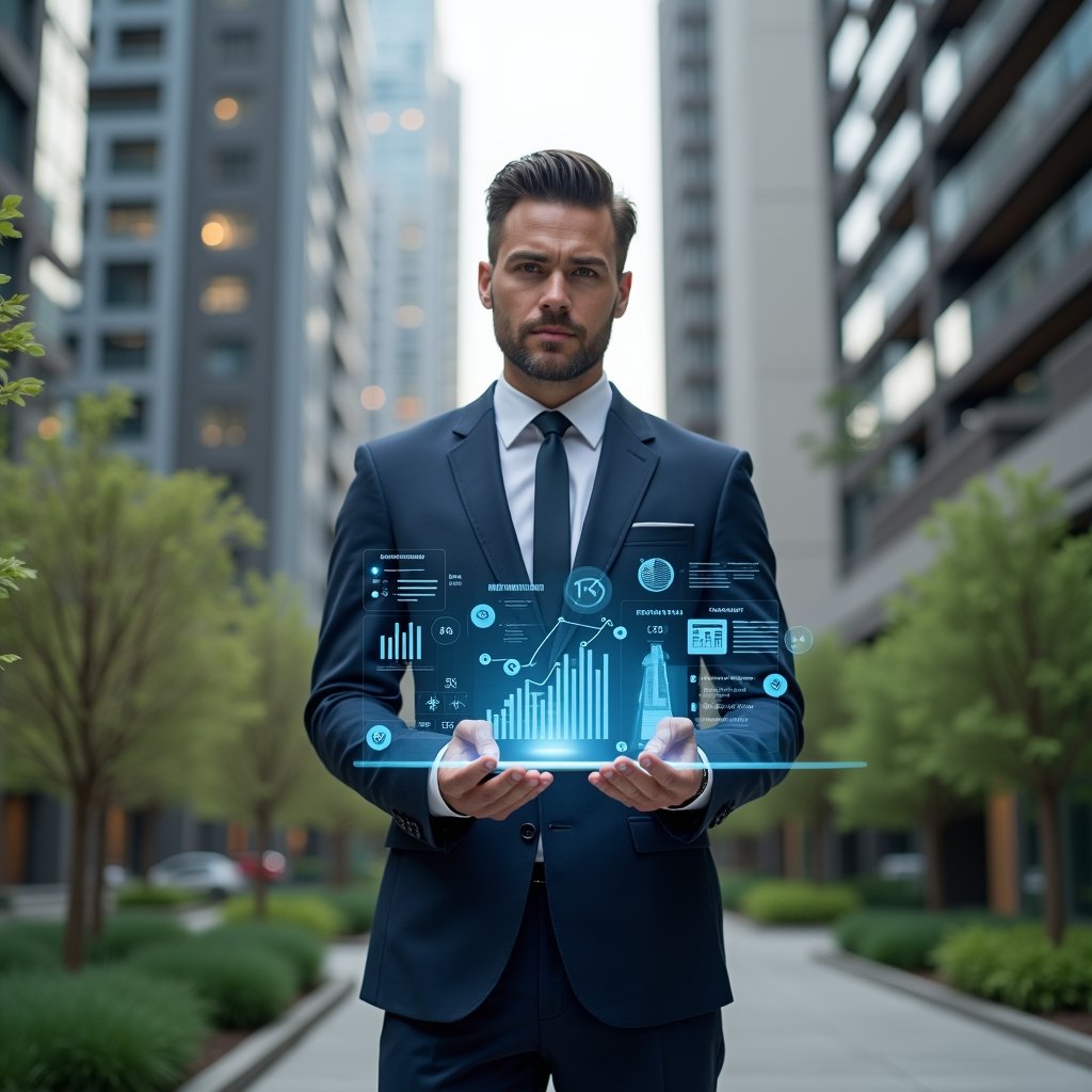 Ultra-realistic condominium manager in a tailored navy suit, set in a modern luxury condominium environment with high-rise buildings and meticulously landscaped gardens, holding a transparent holographic interface displaying financial reports and resident engagement metrics, looking confident and focused, with floating holographic icons of charts, checkmarks and a smartphone, cinematic lighting, shallow depth of field, highly detailed textures, realistic skin, photographic realism, 8k resolution --ar 1:1 --v 6