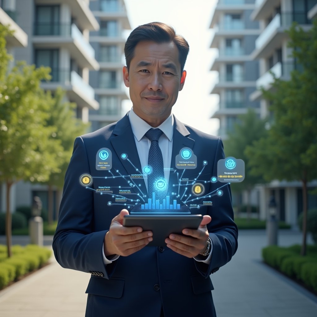 Ultra-realistic condominium manager in a navy blue executive suit, set in a modern luxury condominium environment with high-rise buildings and green landscaping, holding a digital tablet displaying holographic payment reminders and charts, surrounded by floating icons of coins and notification badges, confident expression, cinematic lighting, shallow depth of field, highly detailed textures, realistic skin, photographic realism, 8k resolution --ar 1:1 --v 6