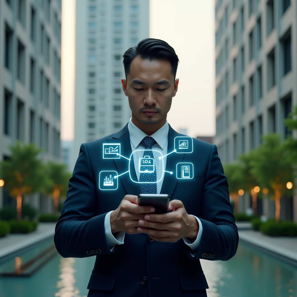 (Ultra-realistic condominium manager in a navy executive suit, set in a modern luxury condominium environment with high-rise buildings and pristine green landscaping, holding a smartphone in a medium shot with floating holographic icons for chat notifications, calendar bookings and financial charts around the device, confident and focused expression, cinematic lighting, shallow depth of field, highly detailed textures, realistic skin, photographic realism, 8k resolution --ar 1:1 --v 6)