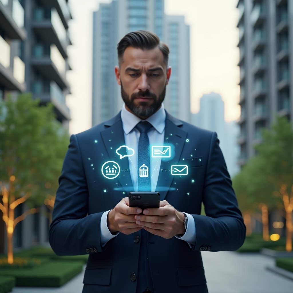 (Ultra-realistic condominium manager in a navy suit, set in a modern luxury condominium environment with high-rise buildings and lush green landscaping, mid-shot holding a smartphone displaying a holographic condominium management app interface, dynamic floating icons of calendar, chat bubbles and financial charts, confident and focused expression, cinematic lighting, shallow depth of field, highly detailed textures, realistic skin, photographic realism, 8k resolution --ar 1:1 --v 6)