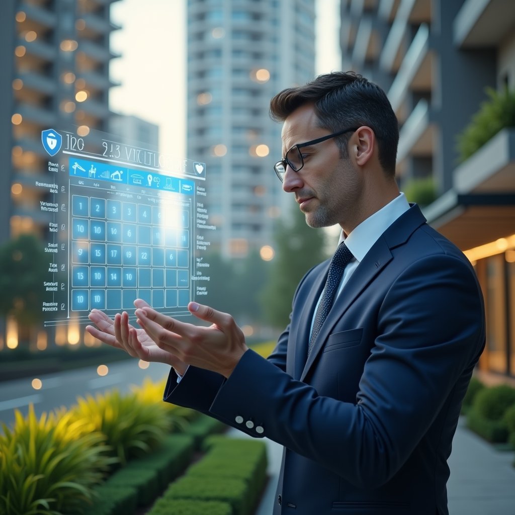 Ultra-realistic condominium manager in a navy executive suit, set in a modern luxury condominium environment with high-rise buildings and manicured green landscaping, reviewing a floating holographic activity schedule calendar, confident and focused expression, subtle icons of maintenance tools, cleaning equipment and security shield integrated into the hologram, cinematic lighting, shallow depth of field, highly detailed textures, realistic skin, photographic realism, 8k resolution --ar 1:1 --v 6