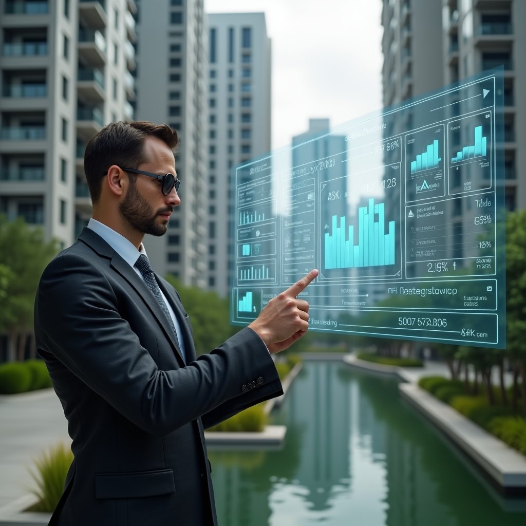 Ultra-realistic condominium manager in a charcoal executive suit, set in a modern luxury condominium environment with high-rise buildings and manicured green landscaping, confidently pointing at a holographic dashboard displaying icons for financial charts, reservation calendars and chat notifications, cinematic lighting, shallow depth of field, highly detailed textures, realistic skin, photographic realism, 8k resolution --ar 1:1 --v 6