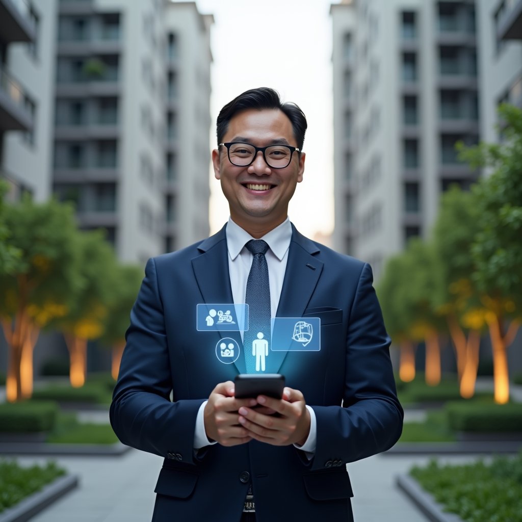 (Ultra-realistic condominium manager in a navy blue executive suit, set in a modern luxury condominium environment with high-rise buildings and manicured greenery, mid-shot holding a smartphone displaying holographic chat bubbles and resident icons, confident smile, cinematic lighting, shallow depth of field, highly detailed textures, realistic skin, photographic realism, 8k resolution --ar 1:1 --v 6)