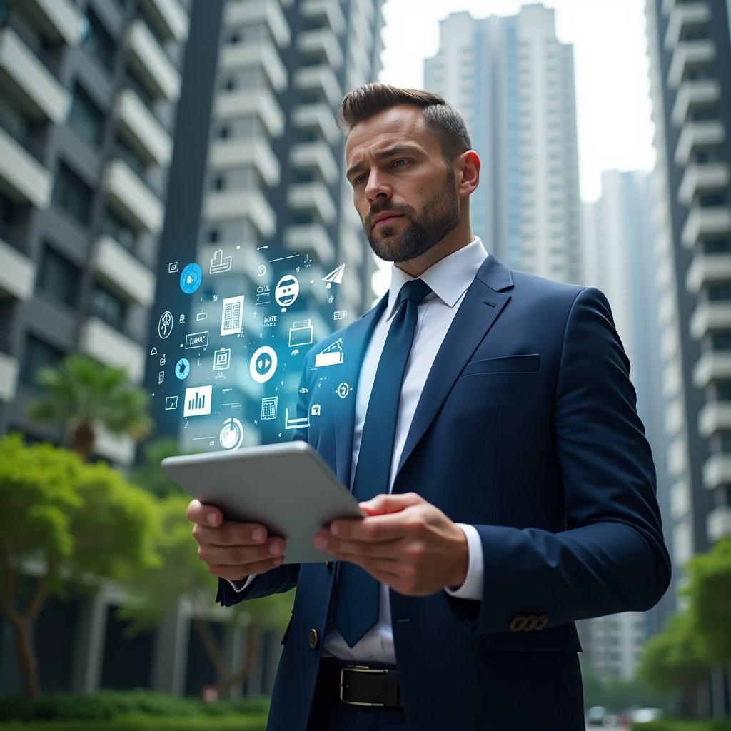 Ultra-realistic condominium manager in a navy executive suit, set in a modern luxury condominium environment with high-rise buildings and lush green landscaping, holding a tablet projecting holographic icons for communication, finance, and document control, confidently analyzing data, cinematic lighting, shallow depth of field, highly detailed textures, realistic skin, photographic realism, 8k resolution --ar 1:1 --v 6