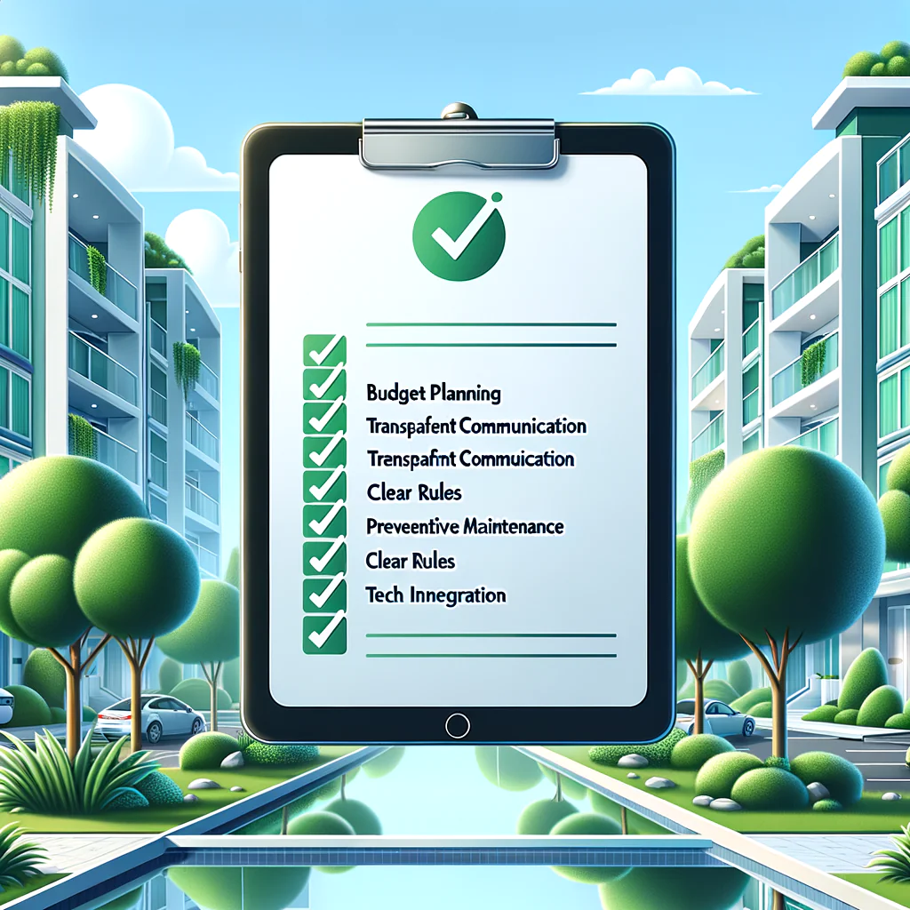 Make a detailed vector illustration in high resolution featuring a smooth, contemporary clipboard or tablet. This device is displaying a well-arranged checklist with green tick marks next to each task. These tasks include budget planning, transparent communication, preventive maintenance, clear rules, and tech integration. In the backdrop, there should be an image of a modern, well-maintained condominium engulfed in lush landscaping and gentle daylight. The colors should be a mix of white, light blue, and green, embodying a clean, professional aura, and the overall style should be minimalistic and flat-design.