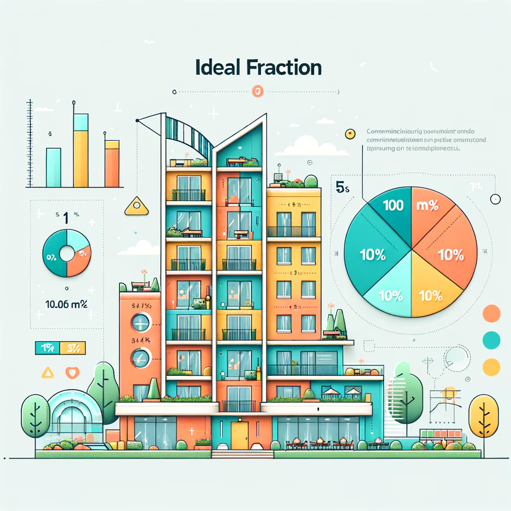 Create a sleek, contemporary infographic-style illustration for a blog post titled 'Ideal Fraction' in condominium management. Depict a stylized cross-section of a condo structure or layout, highlighting one apartment unit in a vibrant accent color. Overlay a simple fraction equation, for instance, '100 m² / 1000 m² = 10%', adjacent to it. Incorporate mini icons representing common facilities like gardens, swimming pools, and lifts. Align with it a corresponding pie chart or bar graph showcasing each proprietor's fraction. Employ flat design aesthetics, a delicate pastel color scheme, sharp lines, and clear, readable text — perfect for DALL·E to generate.