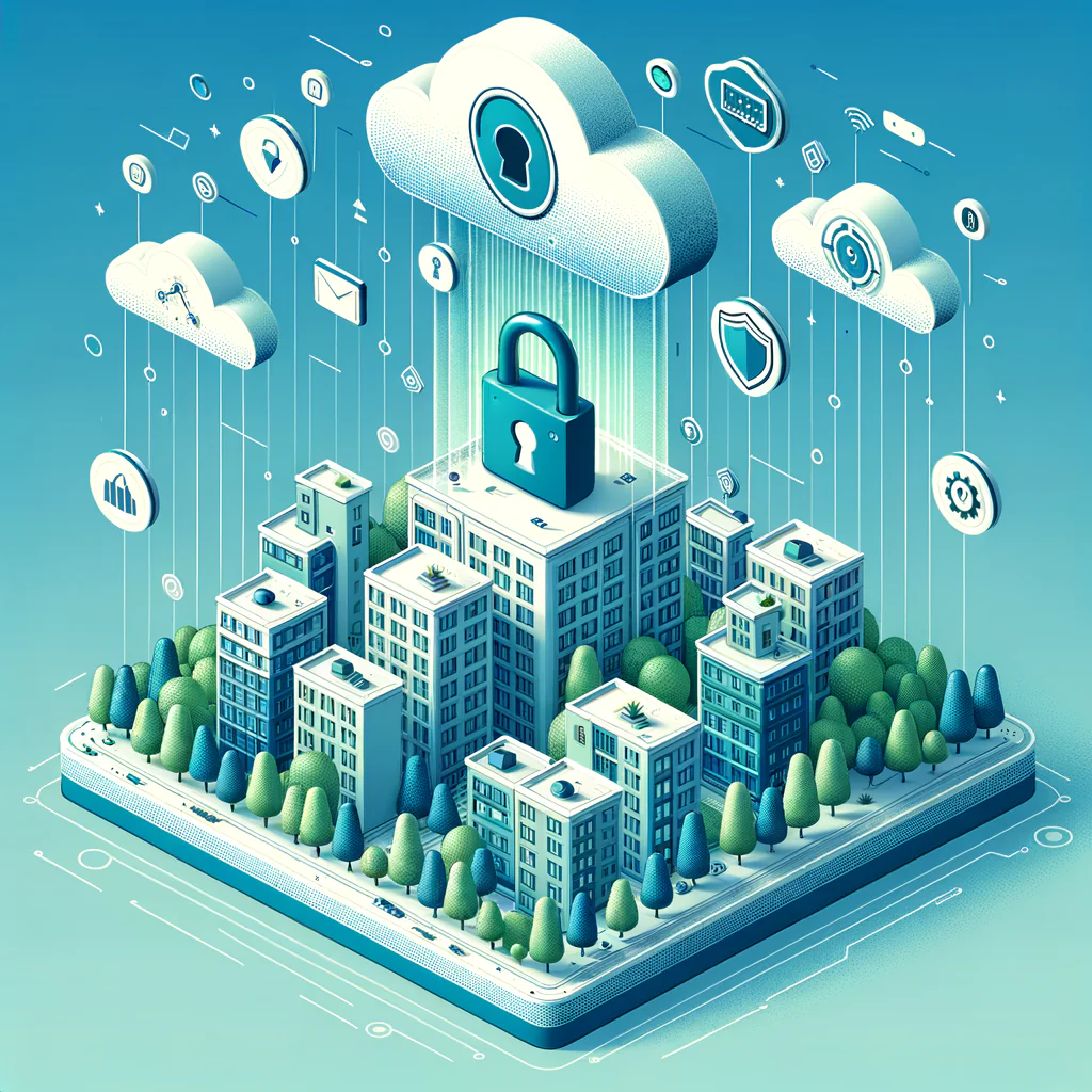 Craft a detailed, modern vector illustration utilizing a fresh blue-and-green gradient palette. Depict an arrangement of stylized apartment buildings that comprise a condominium complex, surrounded by artistically rendered trees to enhance its realistic facade. Floating prominently in the foreground, a large, emanating padlock signifies data protection. The sky forms a fitting background where fluffy cloud figures subtly incorporate icons related to digital security - a symbol for encryption, a robust shield, and multi-factor authentication. The overall design should adhere to a minimalist flat aesthetic, employ an isometric perspective for a unique viewpoint, and utilize high contrast to ensure visual clarity.