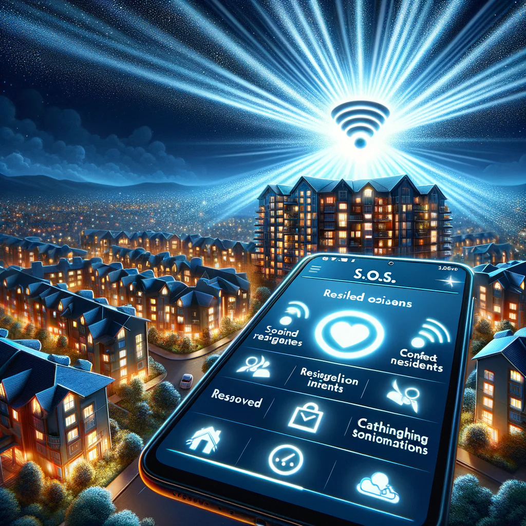 An illustration of a condominium complex nestled against a night sky, beautifully punctuated by the flashing 'S.O.S.' sign shrouded in an aura of bright white light. The beacon attracts the viewer's attention as it alternates between illumination and darkness. In the foreground, a meticulous depiction of a smartphone screen showing the interface of a powerful condo management app. The app portrays resolved issues, content residents, and elated notifications against a polished and user-friendly backdrop. The overall scene juxtaposes the current chaos with the potential tranquility, encapsulated in the app's effectiveness at bringing harmony back to the community. The visual style is vibrant and dynamic, intending to highlight the striking contrast between the 'S.O.S.' sign and the app littered with positive markers.