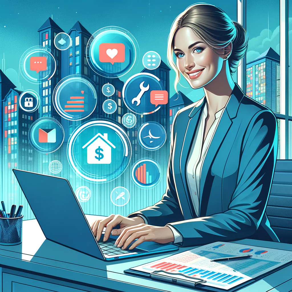 High-resolution digital illustration of a confident Caucasian condominium administrator seated at a sleek desk, smiling as she works on a modern laptop displaying a vibrant dashboard with financial charts, calendars, resident messages and maintenance requests. Around the laptop float semi-transparent 3D icons for finance (dollar sign), communication (chat bubbles), scheduling (calendar), maintenance (wrench) and security (shield lock). Behind her, a soft-focus skyline of stylized high-rise residential towers bathed in warm light. Clean lines, flat-color palette in corporate blues and greens with bright accent colors, conveying a polished, tech-savvy atmosphere.