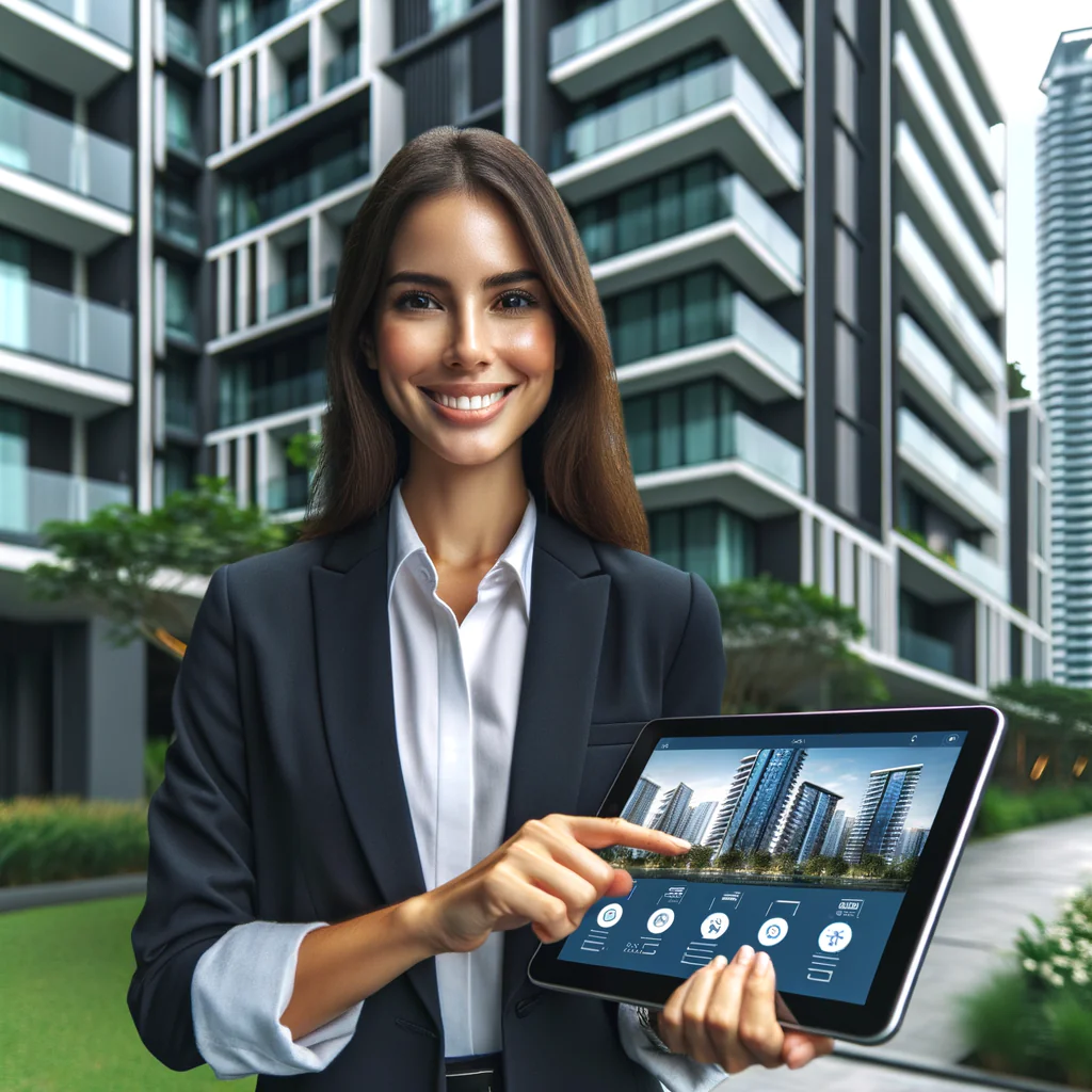 Image of a modern and smiling property manager of Hispanic descent using a tablet to manage the condominium, with a modern condominium in the background. The manager is a woman, professionally dressed, with the digital screen displaying various management tools. The condominium in the background is large and sleek with glass exteriors and lush greenery. The image should convey organisation, efficiency, and technology.