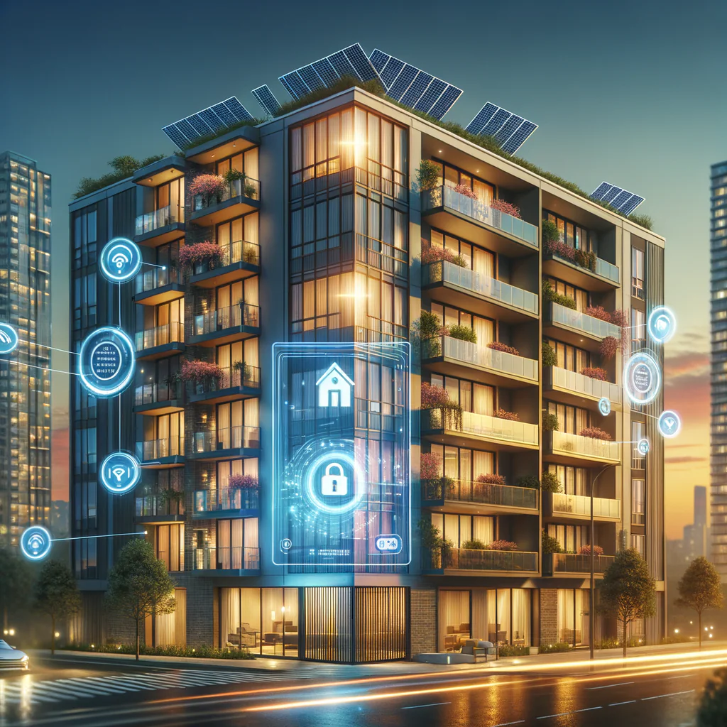 Illustrate a modern residential condominium facade at dusk. The features should include solar panels on the roof, sleek biometric door locks, wall-mounted security cameras with facial-recognition overlays. IoT sensors are visible on windows and balconies, and holographic energy-usage graphs are projected in front of the building. The style should be highly detailed and realistic, conveying a warm evening mood. The overall atmosphere should feel both futuristic and welcoming, encapsulating advancements in home automation technology.