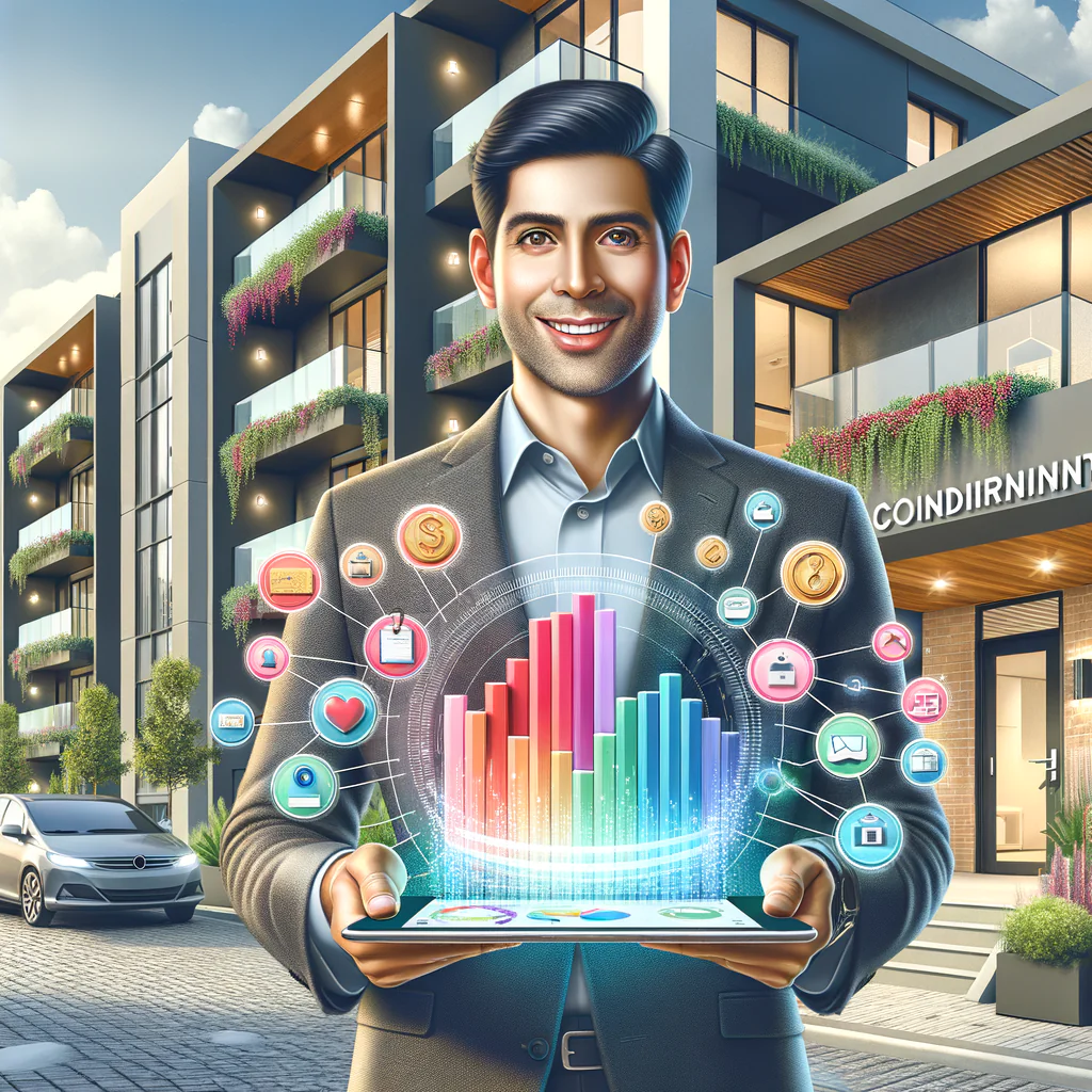Create a high-resolution, vibrant illustration of a modern condominium lobby and exterior. In the foreground, depict a smiling property manager of Middle-Eastern descent, wearing smart casual attire, holding a tablet displaying colorful bar charts, and pie graphs. Behind them, envisage elegant common areas such as spotless hallways, lush potted plants, and a secure entrance, along with a glimpse of the building's facade bathed in natural daylight. Around the tablet screen, subtly weave icons of coins, invoices, and calendar reminders to represent budget planning and expense control. Ensure the scene feels bright, organized, and tech-savvy.