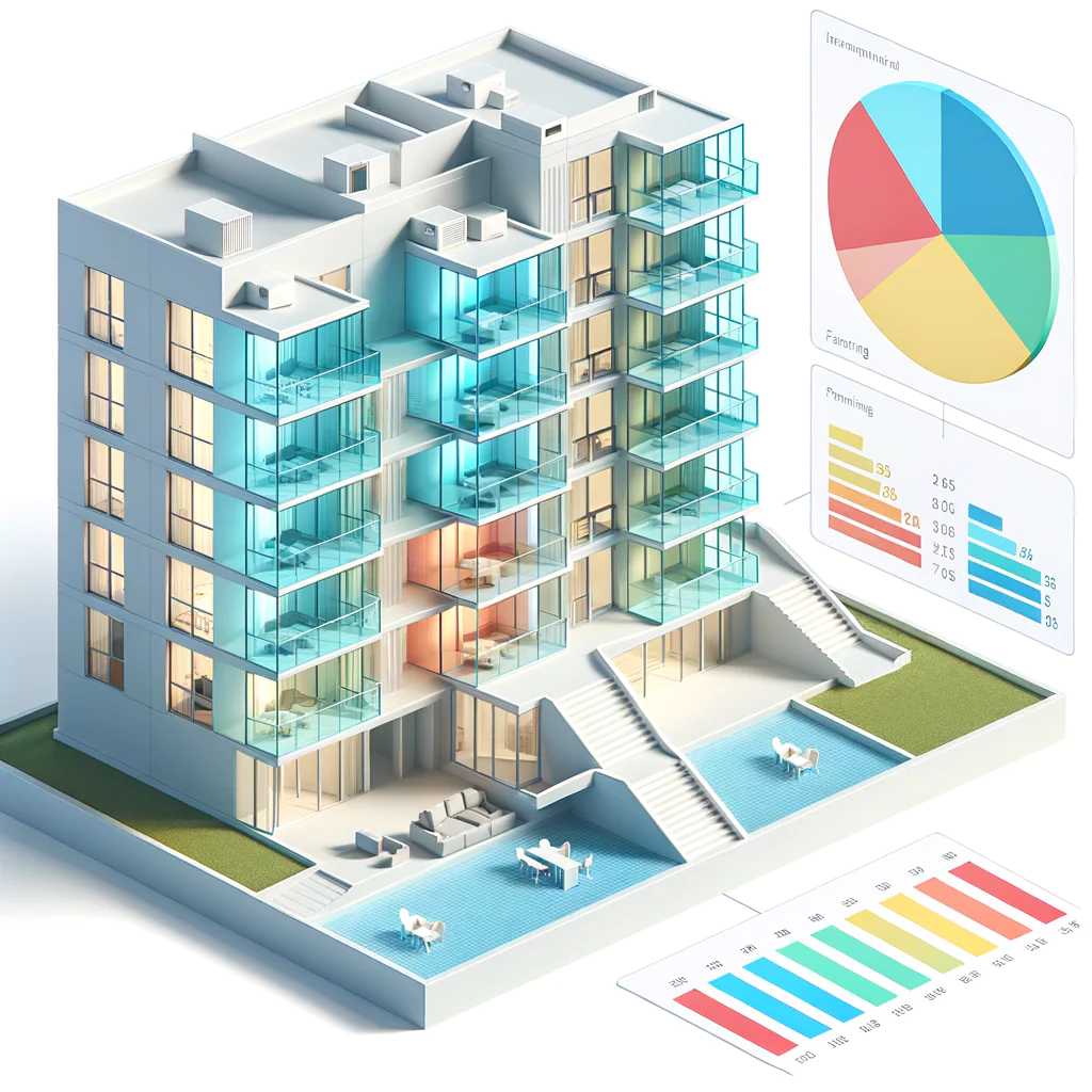 An image displaying a pristine, vector-style isometric visualisation of a contemporary multi-level apartment building. This establishment should have color-coded transparent overlays on each apartment unit to denote their optimal designated spaces. Additionally, a translucent floating pie chart is present, with individual segments symbolising proportionality, all set against a pure white backdrop. The color palette used should be bright and professional suggesting an infographic-style featured asset. This illustration does not include any humans.