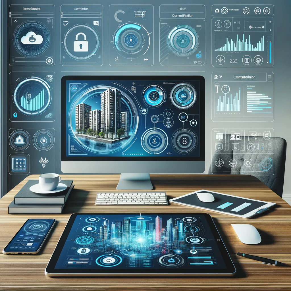 A contemporary work space includes a desk that centers on a large, widescreen monitor. The screen displays a condominium financial management dashboard, depicted with vibrant diagrams and graphs. Directly beside the monitor, a smart device displays an application interface. The techno-savvy atmosphere is enhanced by several hovering digital icons, including a cloud storage symbol, a security lock, a calendar, and a currency icon. The visual style adheres to a professional, flat-design aesthetic with a dominant color scheme of cool blues and crisp whites, offering a modern and efficient vibe.