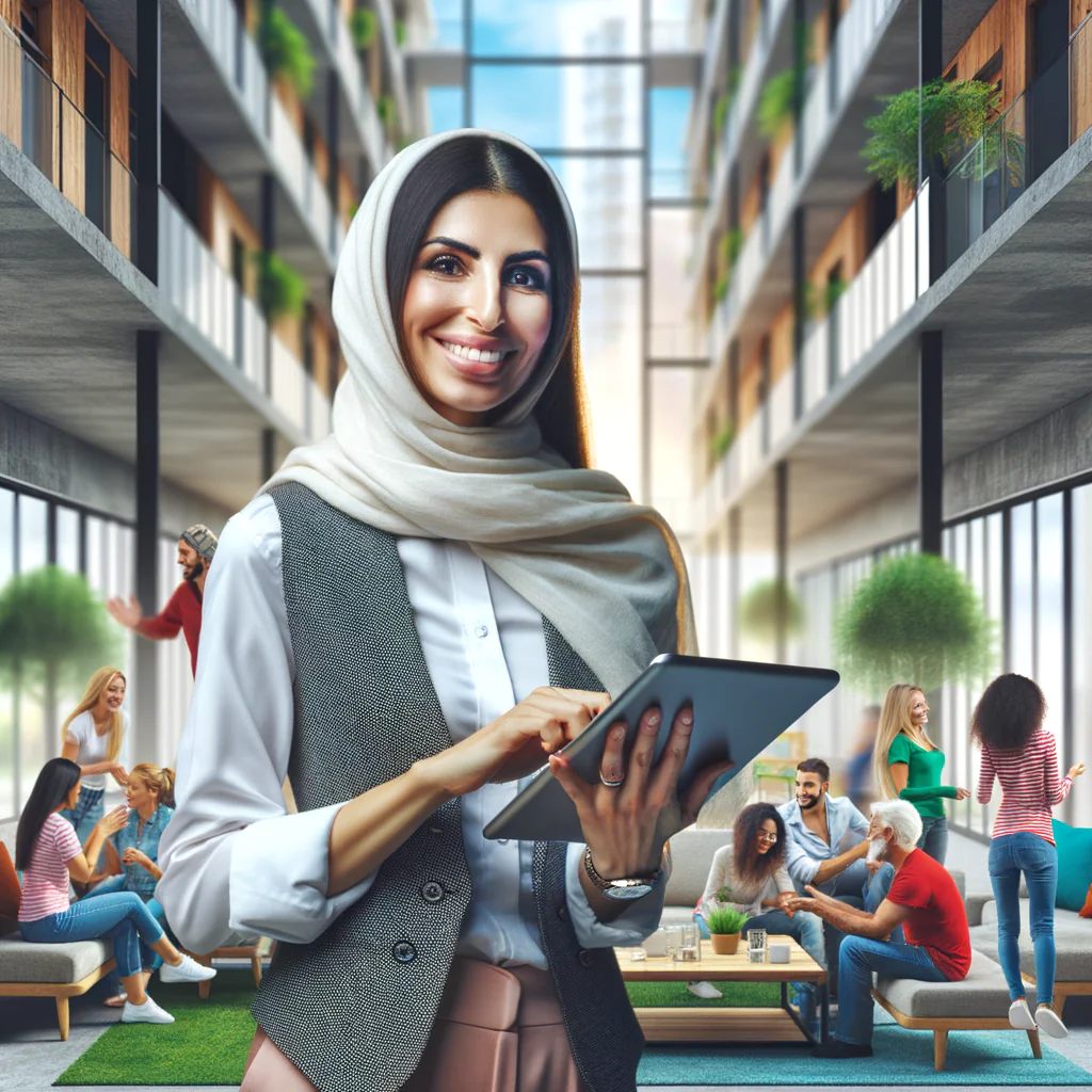 An amicable building manager, who is a Middle Eastern woman, efficiently utilizing a tablet to manage a contemporary and colorful condominium. The scene is filled with energetic residents of various descents and genders engaging in friendly interactions in the background. The image uses bright color tones, exuding a feel of optimism and positivity. The manager is seen with a smile on her face, symbolizing her happiness on the job.