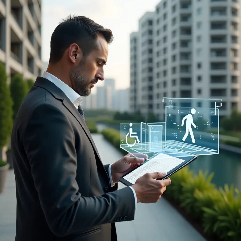 (Ultra-realistic condominium manager in an elegant dark gray business suit, set in a modern luxury condominium environment with high-rise buildings and manicured green landscaping, reviewing digital accessibility plans on a tablet and gesturing toward a transparent holographic 3D ramp model, holographic universal accessibility icon floating nearby, cinematic lighting, shallow depth of field, highly detailed textures, realistic skin, photographic realism, 8k resolution --ar 1:1 --v 6)