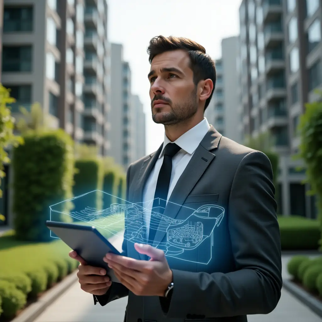 (Ultra-realistic condominium manager in a charcoal gray suit, set in a modern luxury condominium environment with high-rise buildings and lush green landscaping, holding a tablet displaying a holographic floor plan with ramps, tactile paving lines, and wheelchair icons, confident and thoughtful expression, cinematic lighting, shallow depth of field, highly detailed textures, realistic skin, photographic realism, 8k resolution --ar 1:1 --v 6)