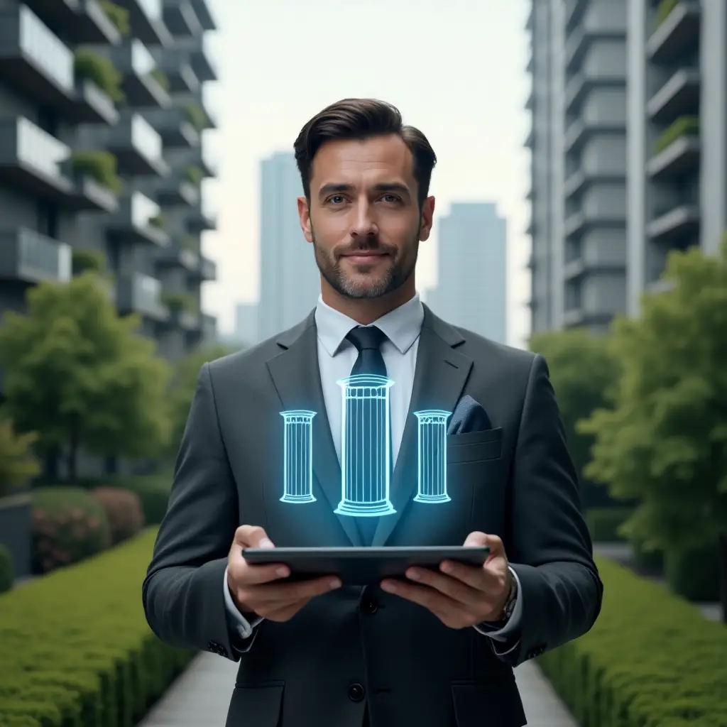 (Ultra-realistic condominium manager in a tailored dark gray suit, set in a modern luxury condominium environment with high-rise buildings and lush green landscaping, mid-shot of the professional holding a tablet displaying holographic icons of four pillars (planning, maintenance, finance, communication), confident expression, cinematic lighting, shallow depth of field, highly detailed textures, realistic skin, photographic realism, 8k resolution --ar 1:1 --v 6)