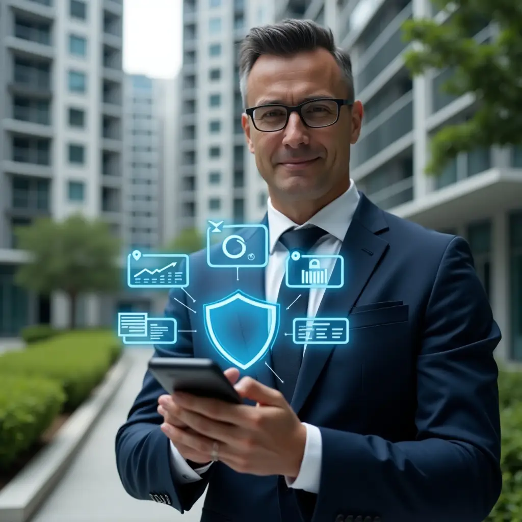 (Ultra-realistic condo manager in a navy suit, set in a modern luxury condominium environment with high-rise buildings and green landscaping, holding a smartphone projecting holographic icons of financial charts, chat bubbles, security shield and reservation calendar, confident and focused expression, cinematic lighting, shallow depth of field, highly detailed textures, realistic skin, photographic realism, 8k resolution --ar 1:1 --v 6)