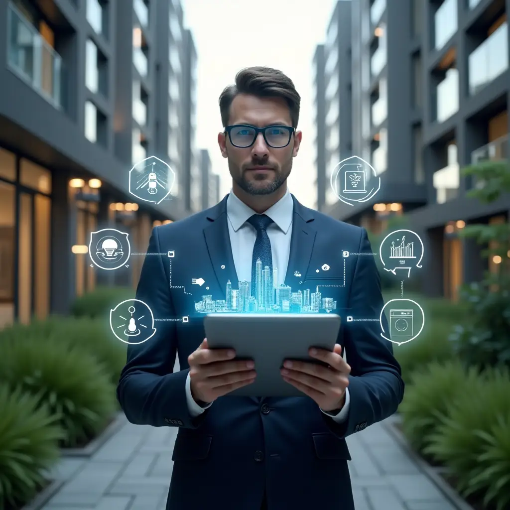 Ultra-realistic condominium manager in a navy suit, set in a modern luxury condominium environment with high-rise buildings and green landscaping, confidently holding a tablet displaying holographic interfaces of building automation systems, surrounded by floating icons of cameras, sensors, and energy usage graphs, cinematic lighting, shallow depth of field, highly detailed textures, realistic skin, photographic realism, 8k resolution --ar 1:1 --v 6
